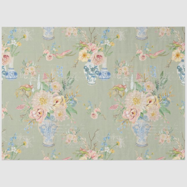 Papel De Seda Chinoiserie Floral Vases Peony Sage Decoupage (Anverso)