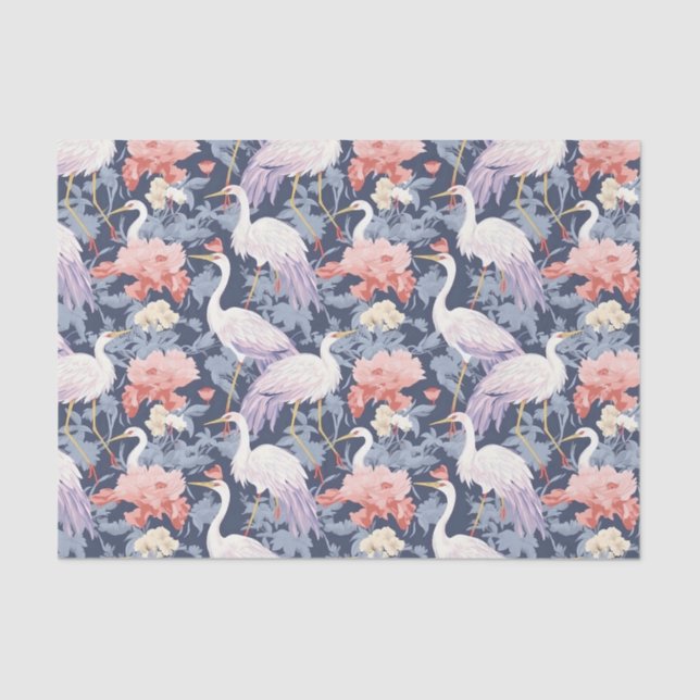 Papel De Seda Chinoiserie Navy Floral Egret (Anverso)