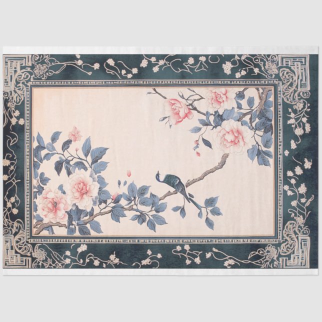 Papel De Seda Chinoiserie Oriental Bird Art y frontera con patro (Anverso)