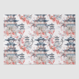 Papel De Seda Chinoiserie Pagoda Azul Floral Rosa Flor