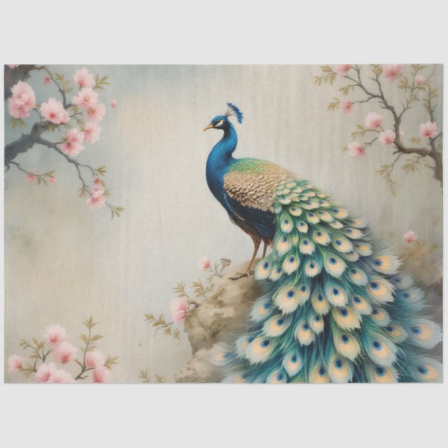 Papel De Seda Chinoiserie Peacock Pink Blossom Floral Decoupage (Anverso)