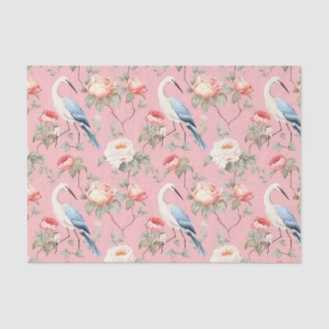Papel De Seda Chinoiserie Pink Floral Egret (Anverso)