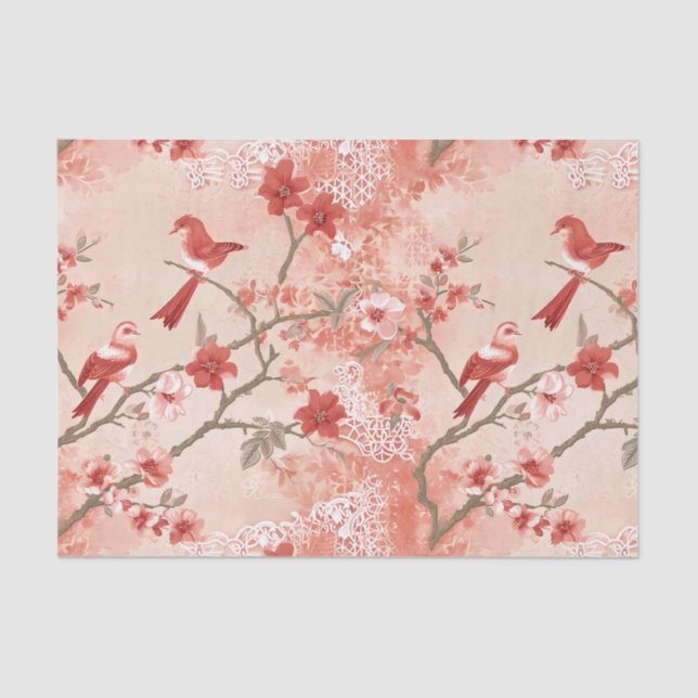 Papel De Seda Chinoiserie Red Bird Asian Pink Flowpage Decoupage (Anverso)