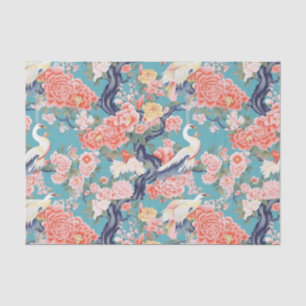 Papel De Seda Chinoiserie Verde azulada Floral Egret