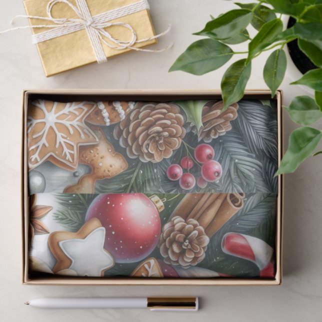 Papel De Seda Christmas Cookies Pinecones and Greenery Festive  (Regalo )