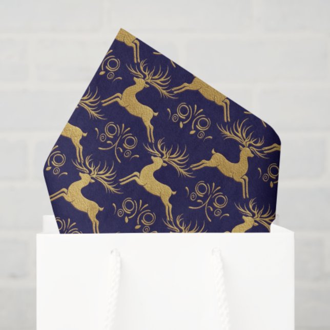 Papel De Seda Christmas Gilded Leather Reindeer Navy Blue (Bolsa de regalo)