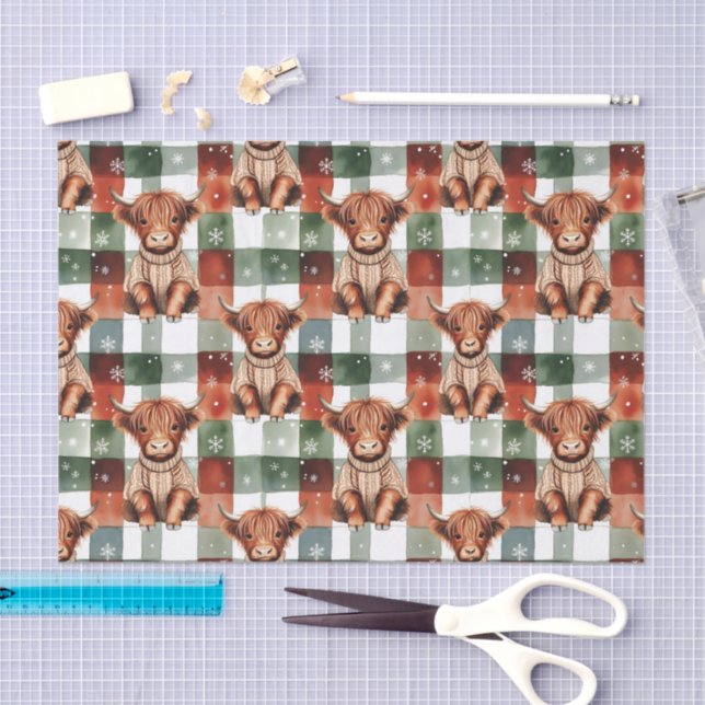 Papel De Seda Christmas Highland Cow Sweater Festive Red Green (Artesanía)