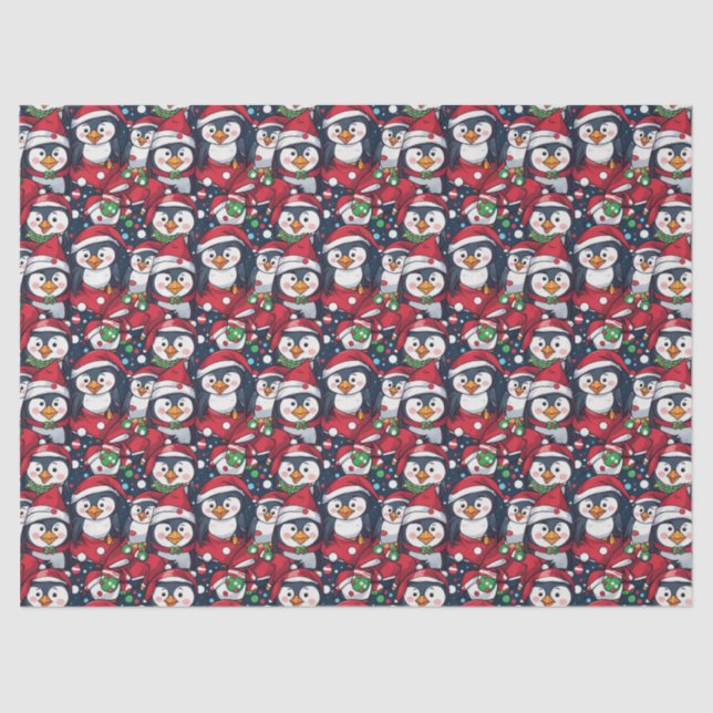 Papel De Seda Christmas Holiday Penguins in Santa Hats (Anverso)