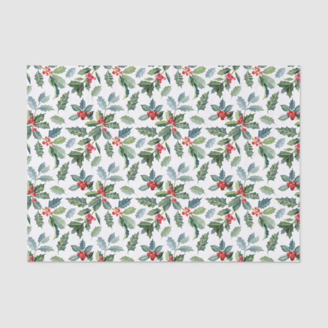 Papel De Seda Christmas Holly Leaves and Berries on White (Anverso)