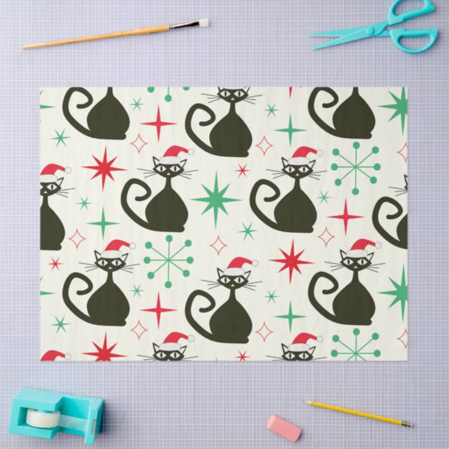 Papel De Seda Christmas Mid Century Retro Atomic Cats  (Artesanía)
