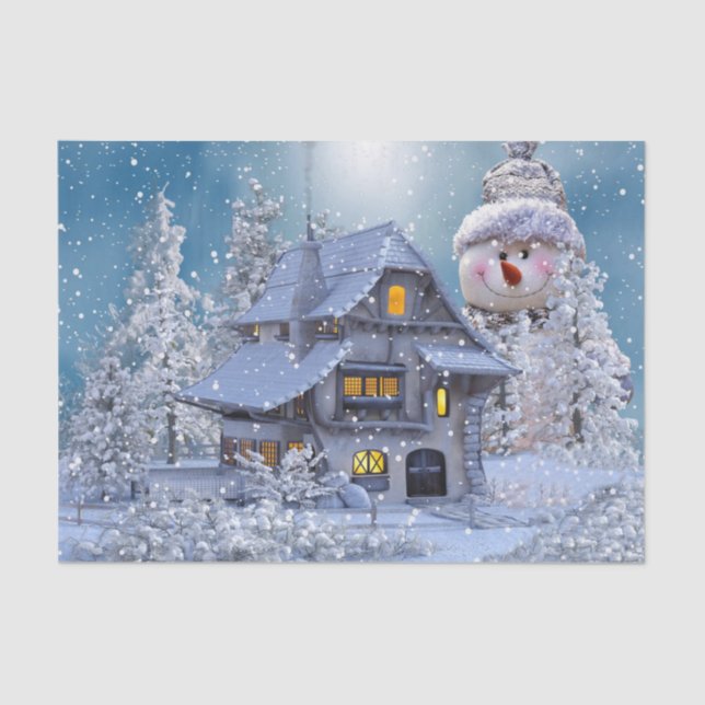 Papel De Seda Christmas Party Winter White Snowman Blue Rustic (Anverso)