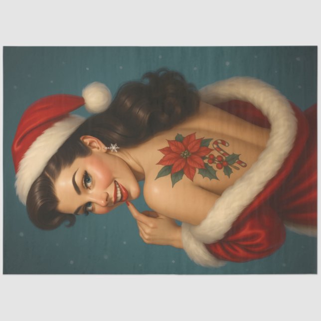 Papel De Seda Christmas Pin-Up with Poinsettia Tattoo Decoupage (Anverso)