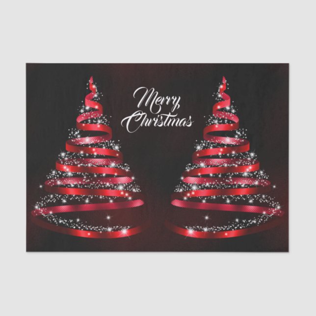 Papel De Seda Christmas Shiny Red Ribbon Tree Sparkle Black (Anverso)