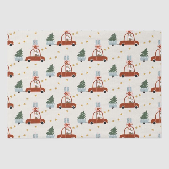 Papel De Seda Christmas Tree Red Car Illustration  (Anverso)