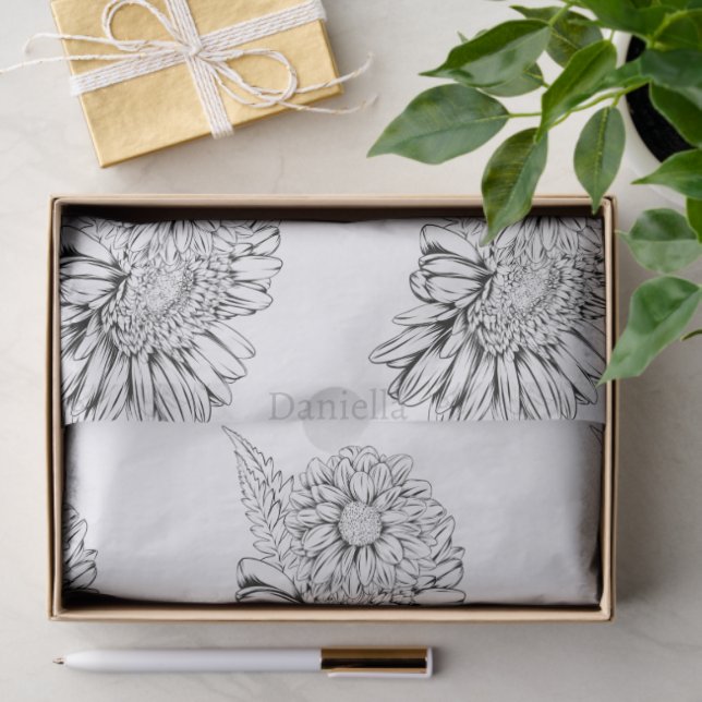 Papel De Seda Chrysanthemum Black Line Drawing with Your Name  (Regalo )
