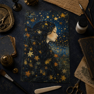 Papel De Seda Cielo Nocturno Estrellado Art Nouveau Chica Soñado