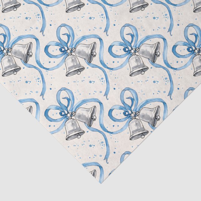 Papel De Seda Cintas Azules y Campanas de Plata Crema (Detalle)