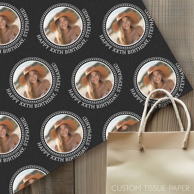 Papel De Seda Circle One Photo Happy Birthday Greet - Negro (Custom Photo Tissue Paper)