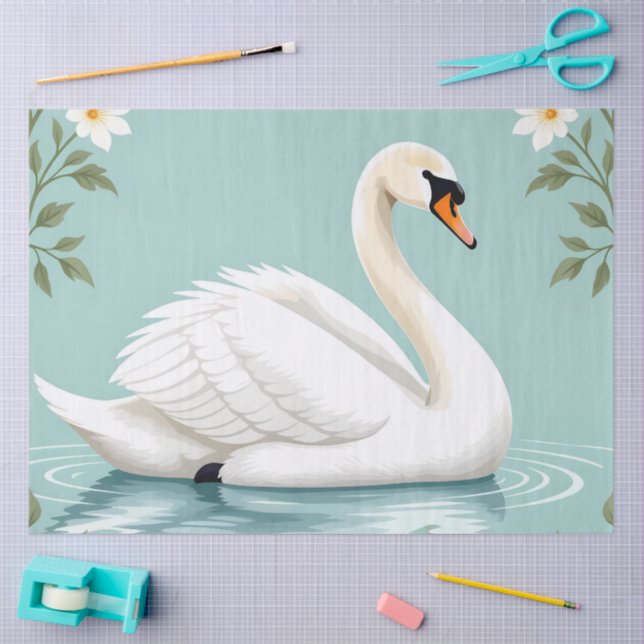 Papel De Seda Cisne blanco elegante floral azul (Artesanía)