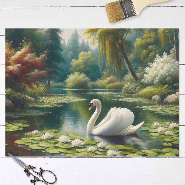 Papel De Seda Cisne blanco en el lago Impresionismo Decoupage (Subido por el creador)