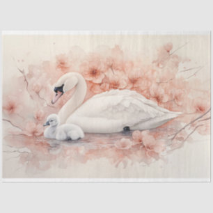 Papel De Seda Cisne Cignet y Flores Rosadas Decoupage
