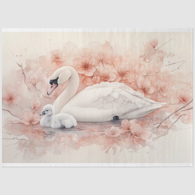 Papel De Seda Cisne Cignet y Flores Rosadas Decoupage (Anverso)