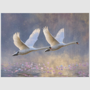 Papel De Seda Cisnes brumosos volando pétalos lago