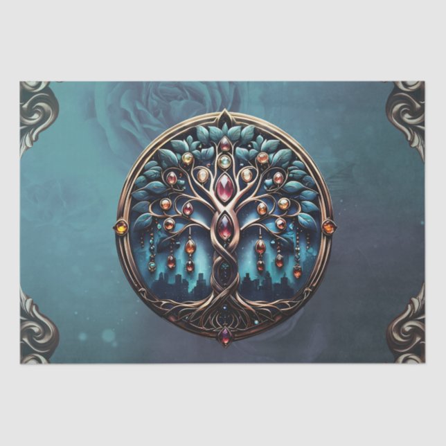 Papel De Seda Ciudad a la sombra del lujoso árbol de la vida. (Anverso)