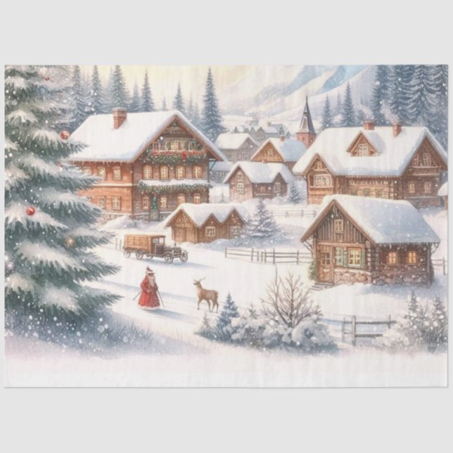 Papel De Seda Ciudad de Navidades acuarelas con nieve (Anverso)