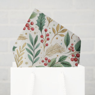 Papel De Seda Clásico alegre y brillante acebo rojo, verde y dor