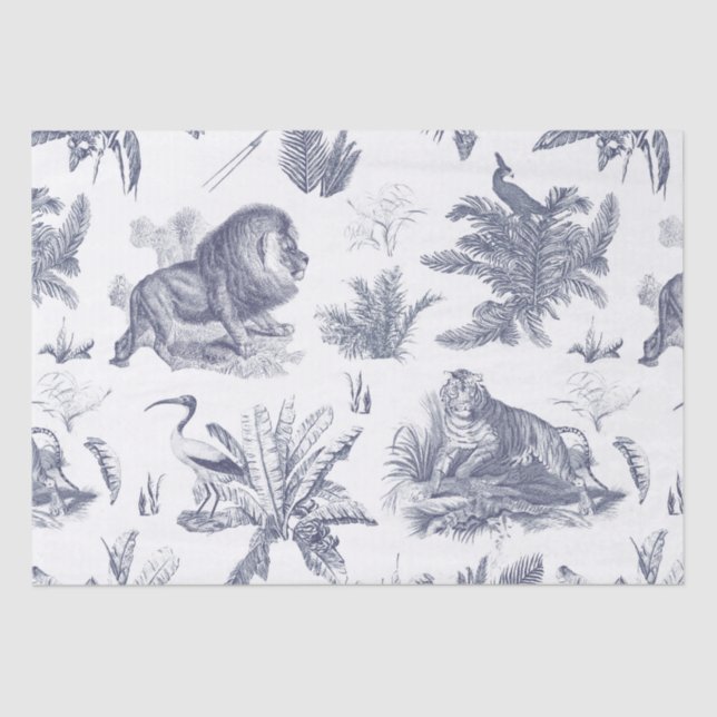 Papel De Seda Clásico Elegante Tigre de León Azul Toile (Anverso)