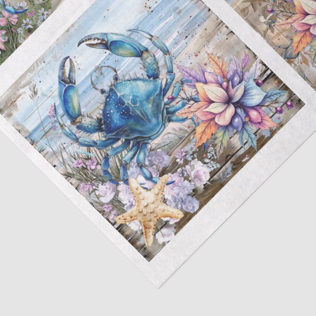 Papel De Seda Coastal Beach Floral Blue Crab & Shells Decoupage  (Detalle)