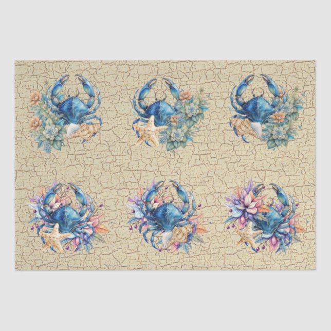 Papel De Seda Coastal Beach Floral Blue Crab & Shells Decoupage  (Anverso)
