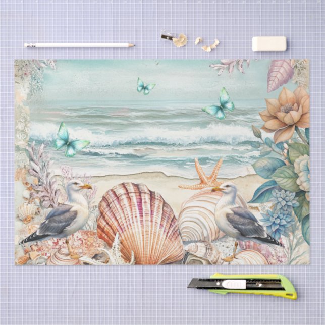 Papel De Seda Coastal Floral Seagulls & Seashells Decoupage  (Artesanía)