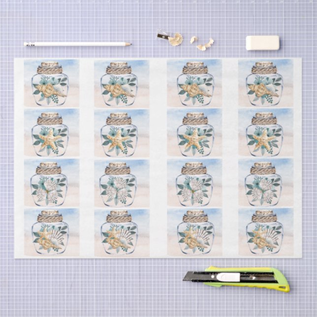 Papel De Seda Coastal Floral Seashells in a Jar Decoupage  (Artesanía)