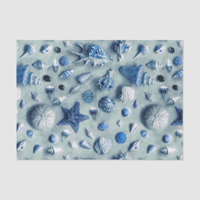 Papel De Seda Coastal Indigo Blue Starfish Seashells Beach Photo (Anverso)