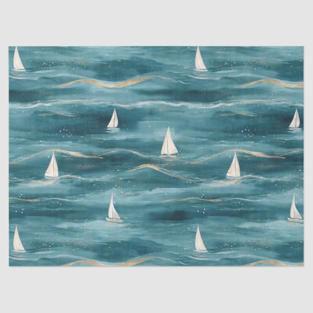 Papel De Seda Coastal Sailboat Waves Nautical Pattern (3) (Anverso)