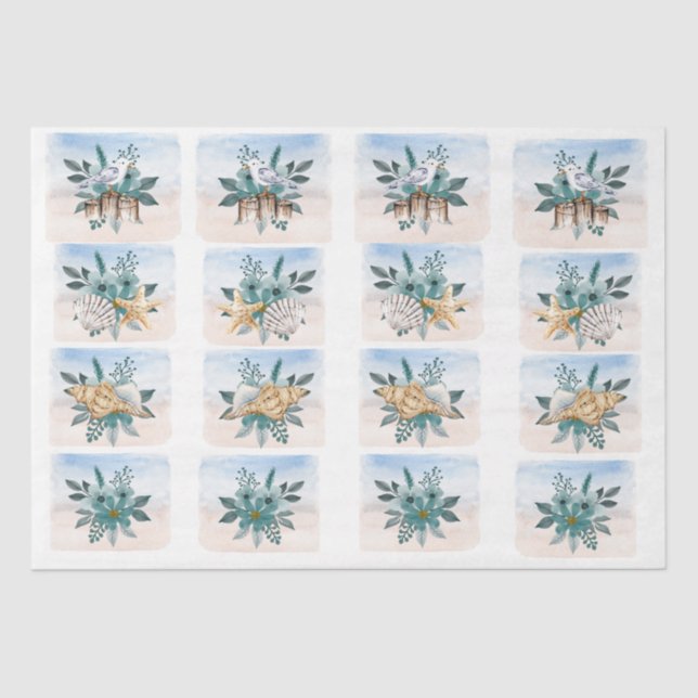 Papel De Seda Coastal Sandpipers Flowers Shells Decoupage Paper (Anverso)