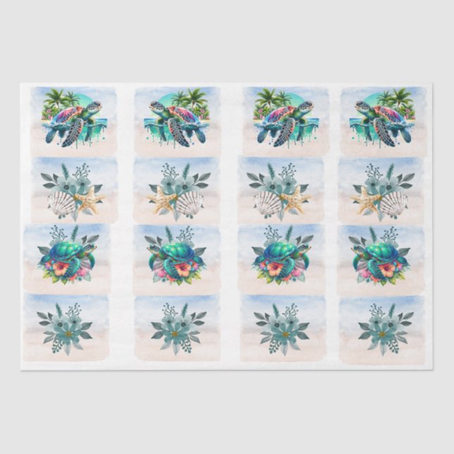 Papel De Seda Coastal Sea Turtles Flowers Seashells Decoupage  (Anverso)