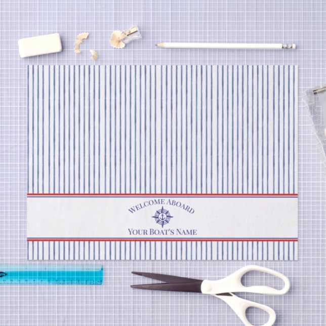 Papel De Seda Coastal Stripe Monogram Boat Name Design (Artesanía)