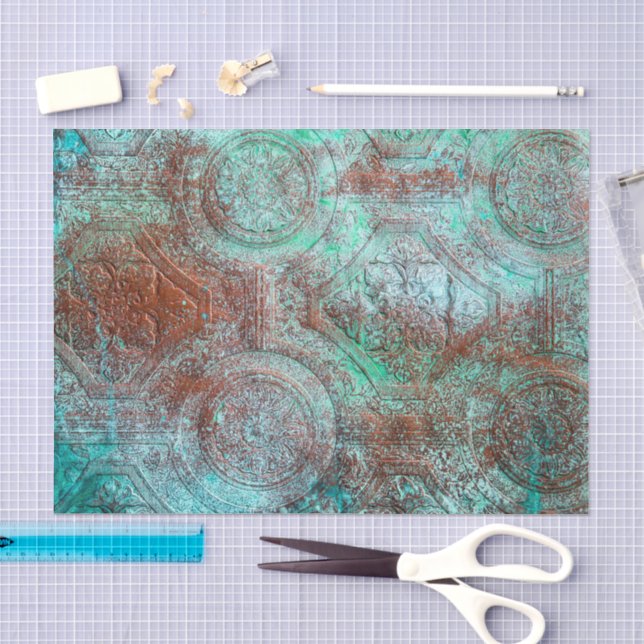 Papel De Seda Cobre con pátina rústica y turquesa (Artesanía)