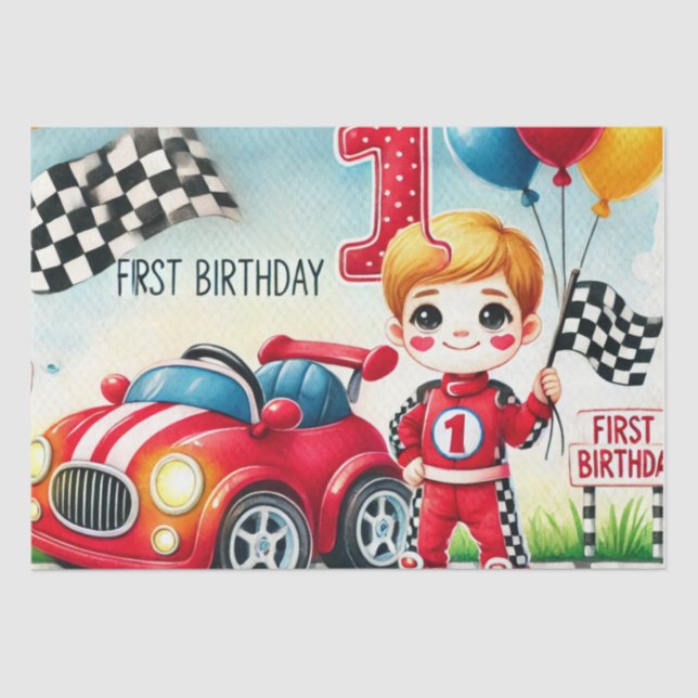 Papel De Seda Coche de Carreras Primer niño de cumpleaños Waterc (Anverso)