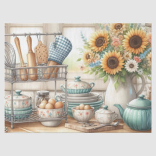 Papel De Seda Cocina retro con tetera y girasoles