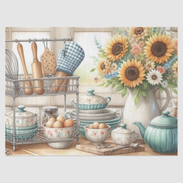 Papel De Seda Cocina retro con tetera y girasoles (Anverso)