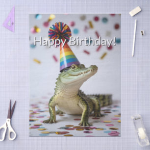 Papel De Seda Cocodrilo con sombrero de cumpleaños de arcoíris
