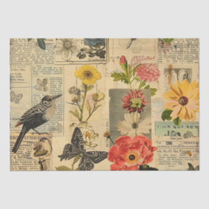 Papel De Seda Colage de periódico floral de pájaro cantor vintag