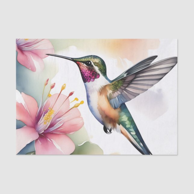 Papel De Seda Colibrí acuarela con flores rosadas (Anverso)