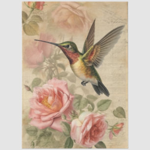 Papel De Seda Colibrí Antiguo y Rosas Rosadas Decoupage