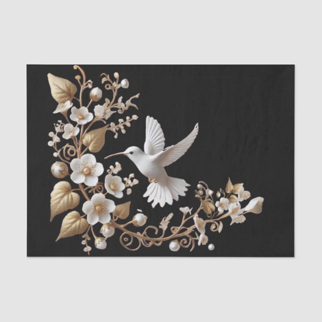 Papel De Seda Colibrí Blanco sobre Decoupage Negro (Anverso)