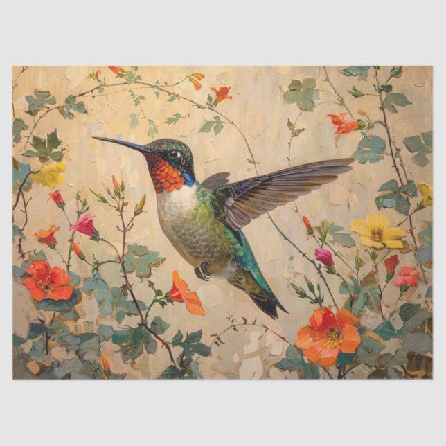 Papel De Seda Colibrí de época con flores silvestres (Anverso)